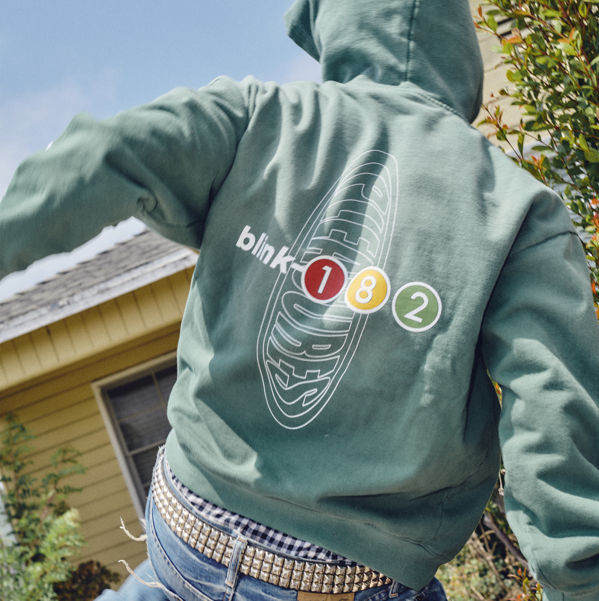 PLEASURES x blink-182 Oval Tracklist Hoodie stylized back