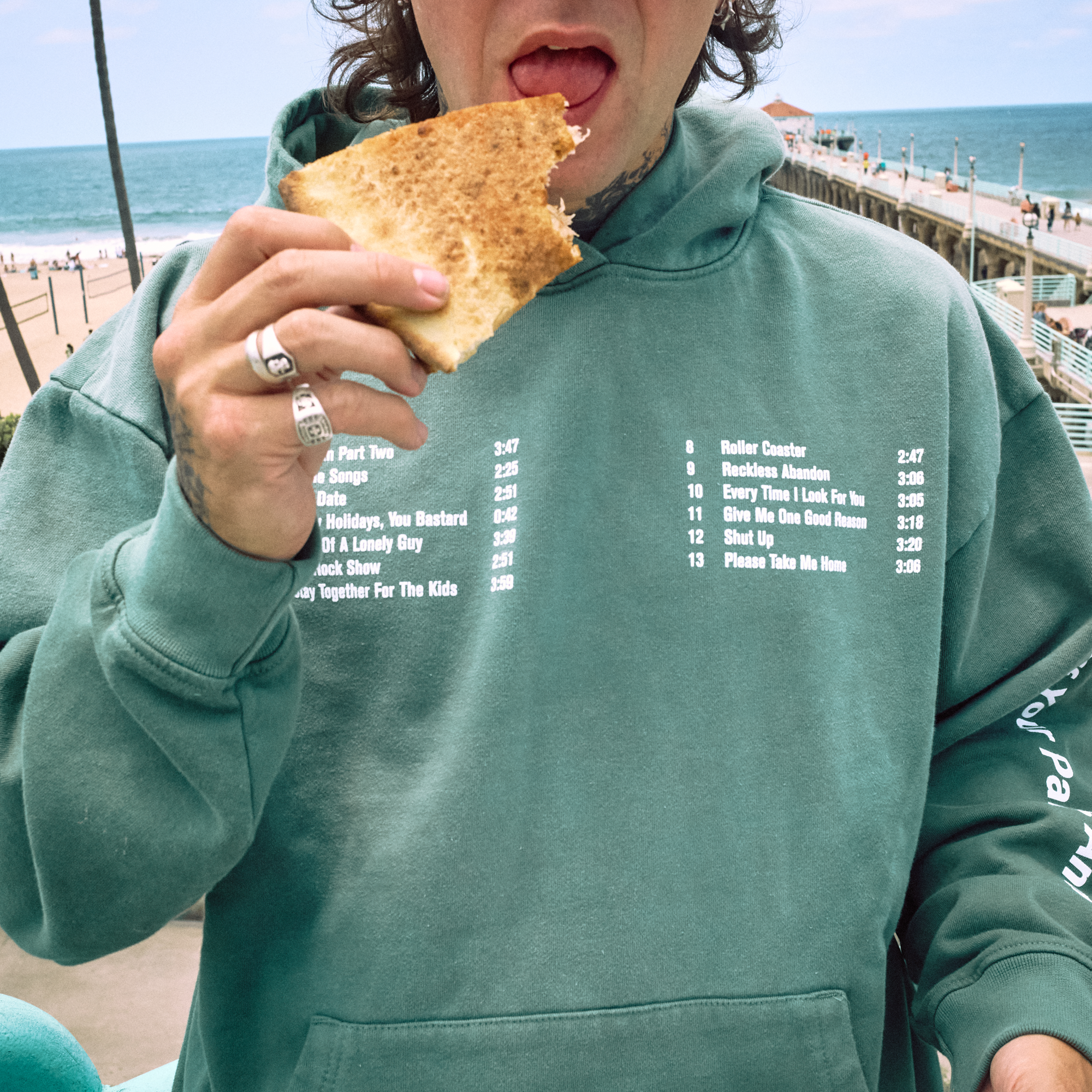 PLEASURES x blink-182 Oval Tracklist Hoodie stylized front