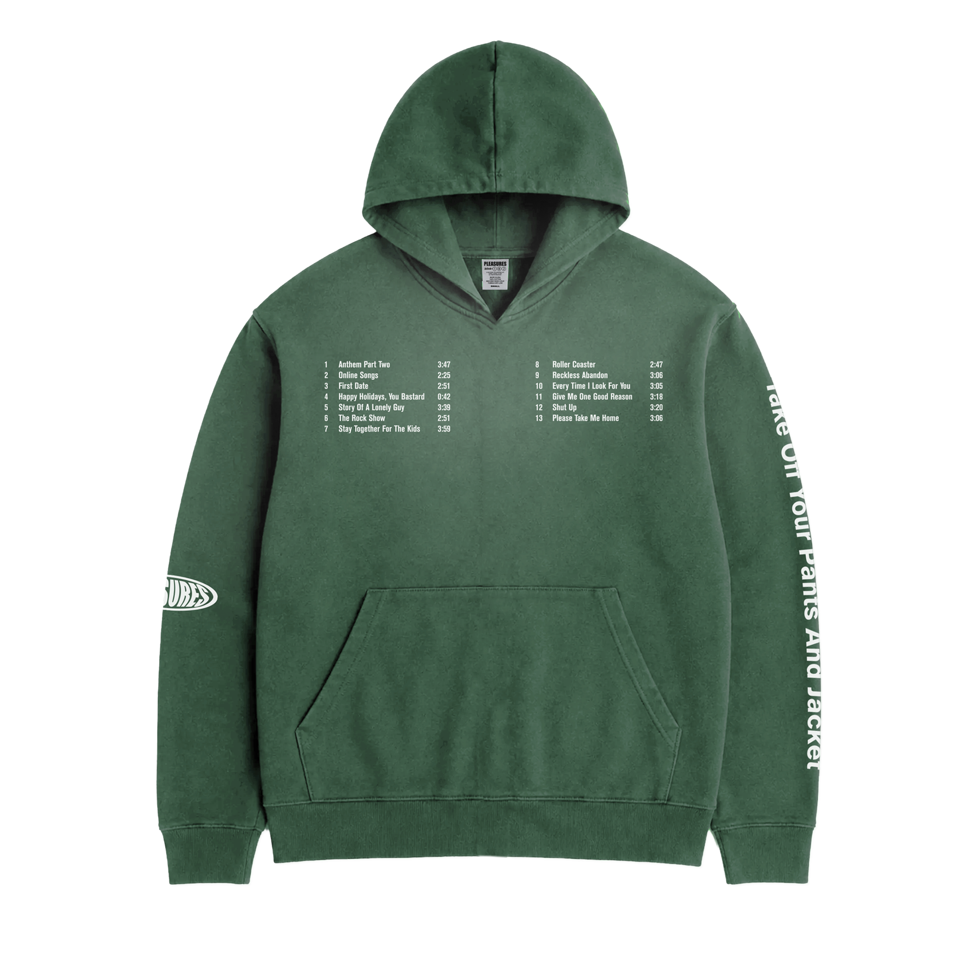 PLEASURES x blink-182 Oval Tracklist Hoodie front