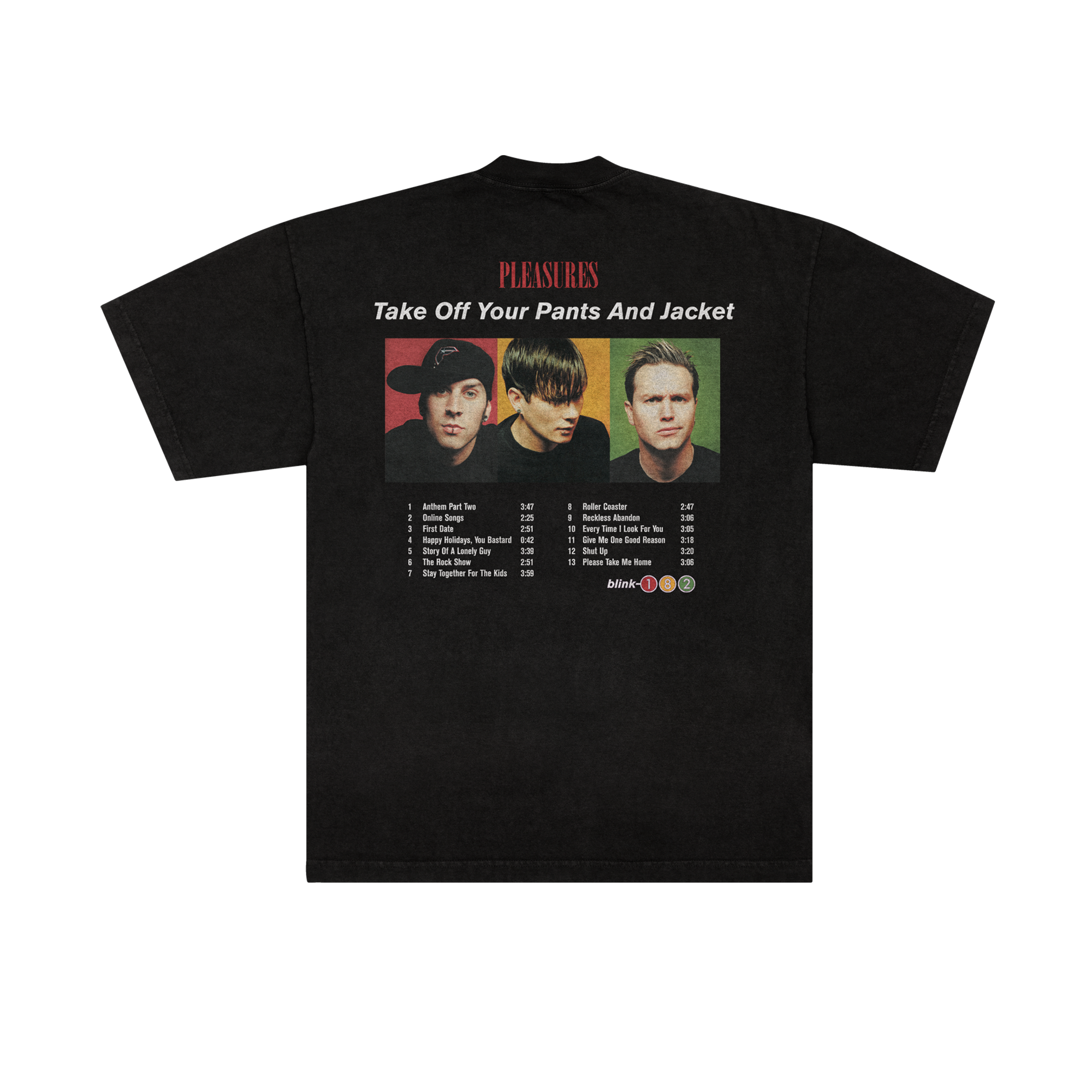 PLEASURES x blink-182 Tracklist Photo T-Shirt back